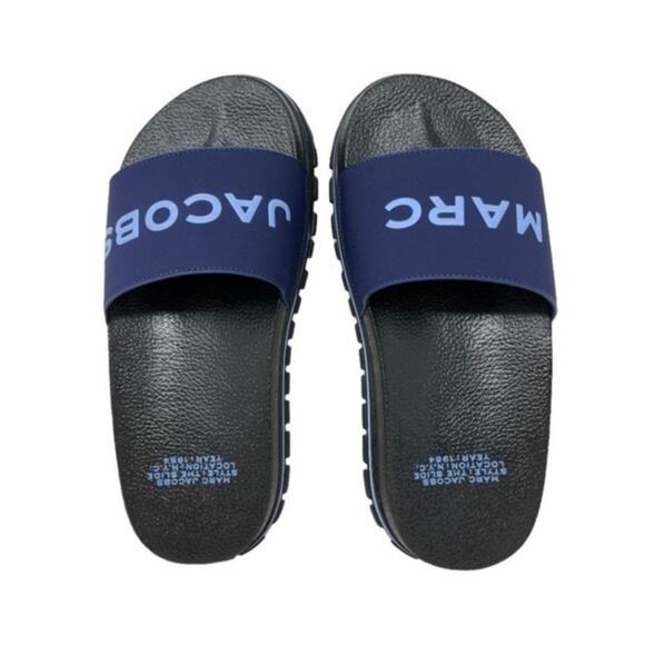 Marc Jacobs Slides Womens Size 5 Navy Blue Logo Slip On Sandals Pool Beach NIB - Picture 16 of 16